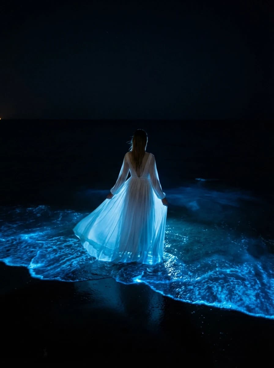 Bioluminescent Bay at Night fashion photography example 1
