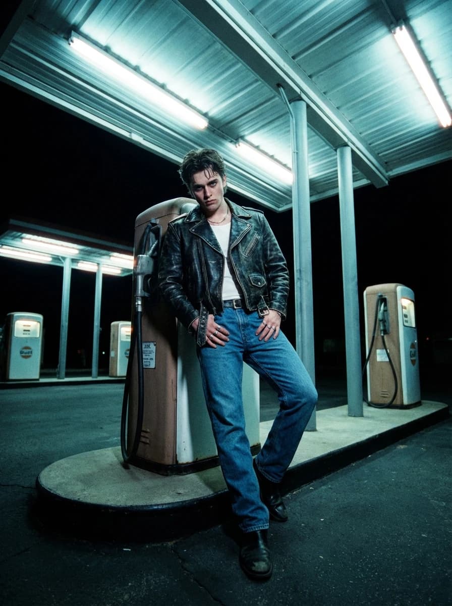 Cinematic Gas Station at Night fashion photography example 1