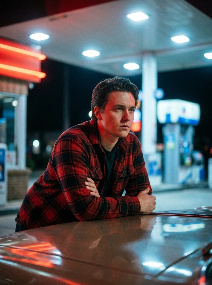 Cinematic Gas Station at Night fashion photography example 2