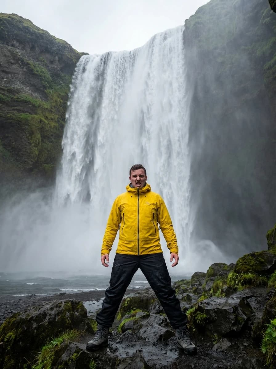 Dramatic Icelandic Waterfall fashion photography example 1