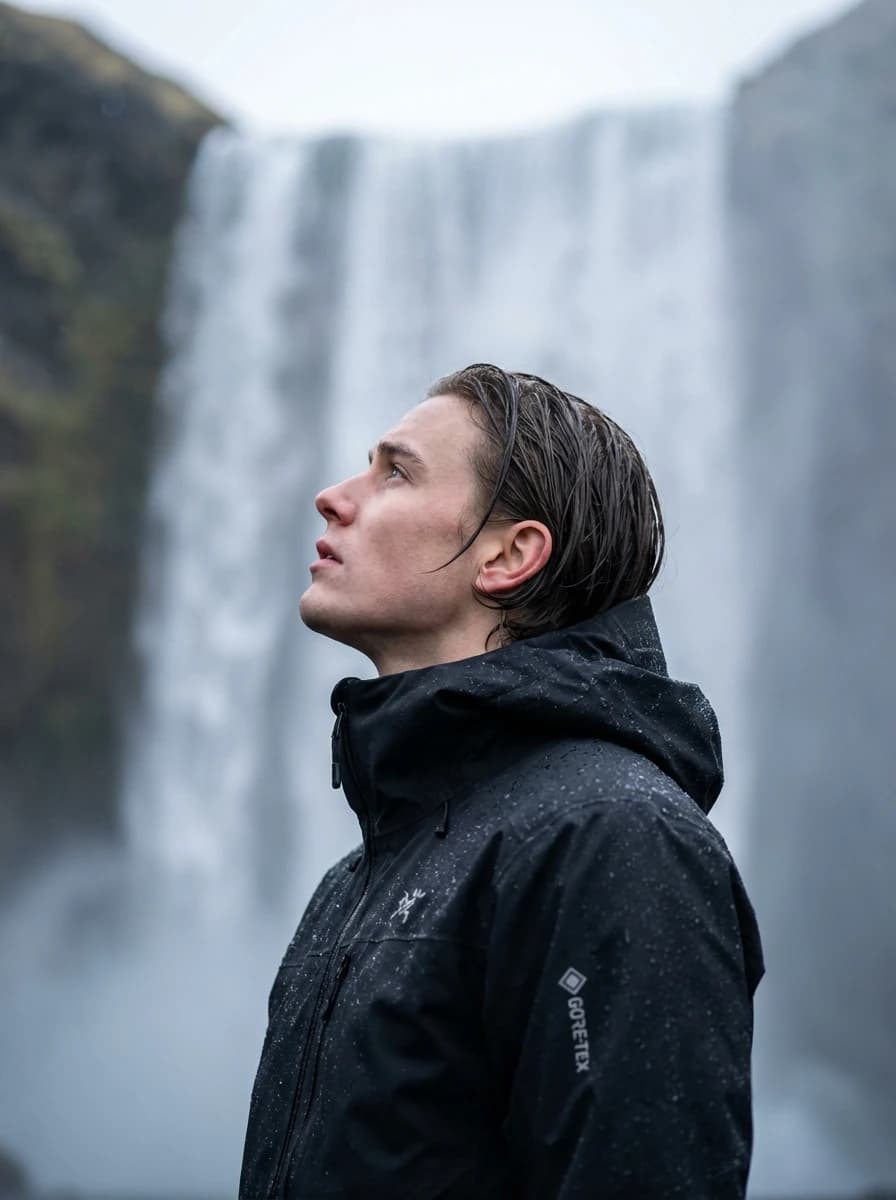 Dramatic Icelandic Waterfall fashion photography example 2