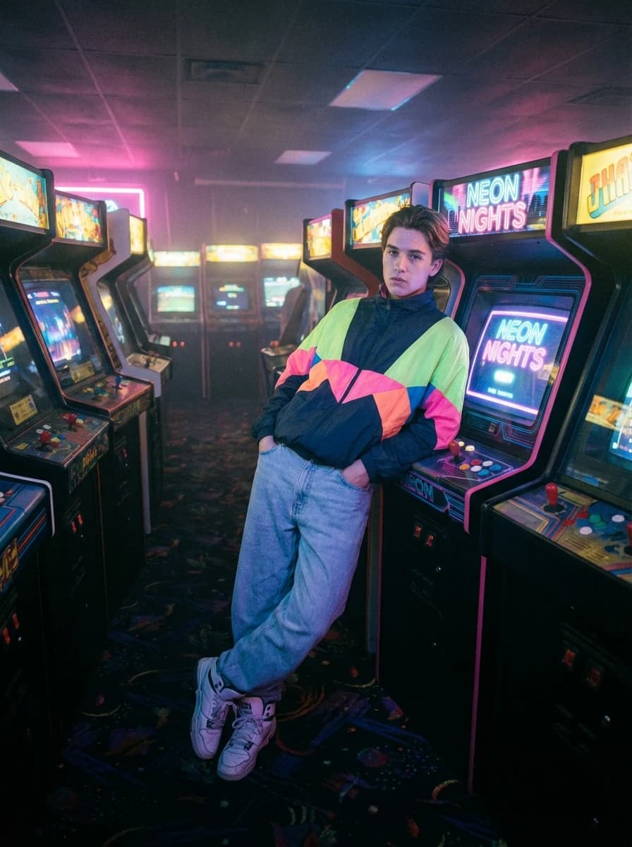 Retro 80s Arcade Room fashion photography example 1