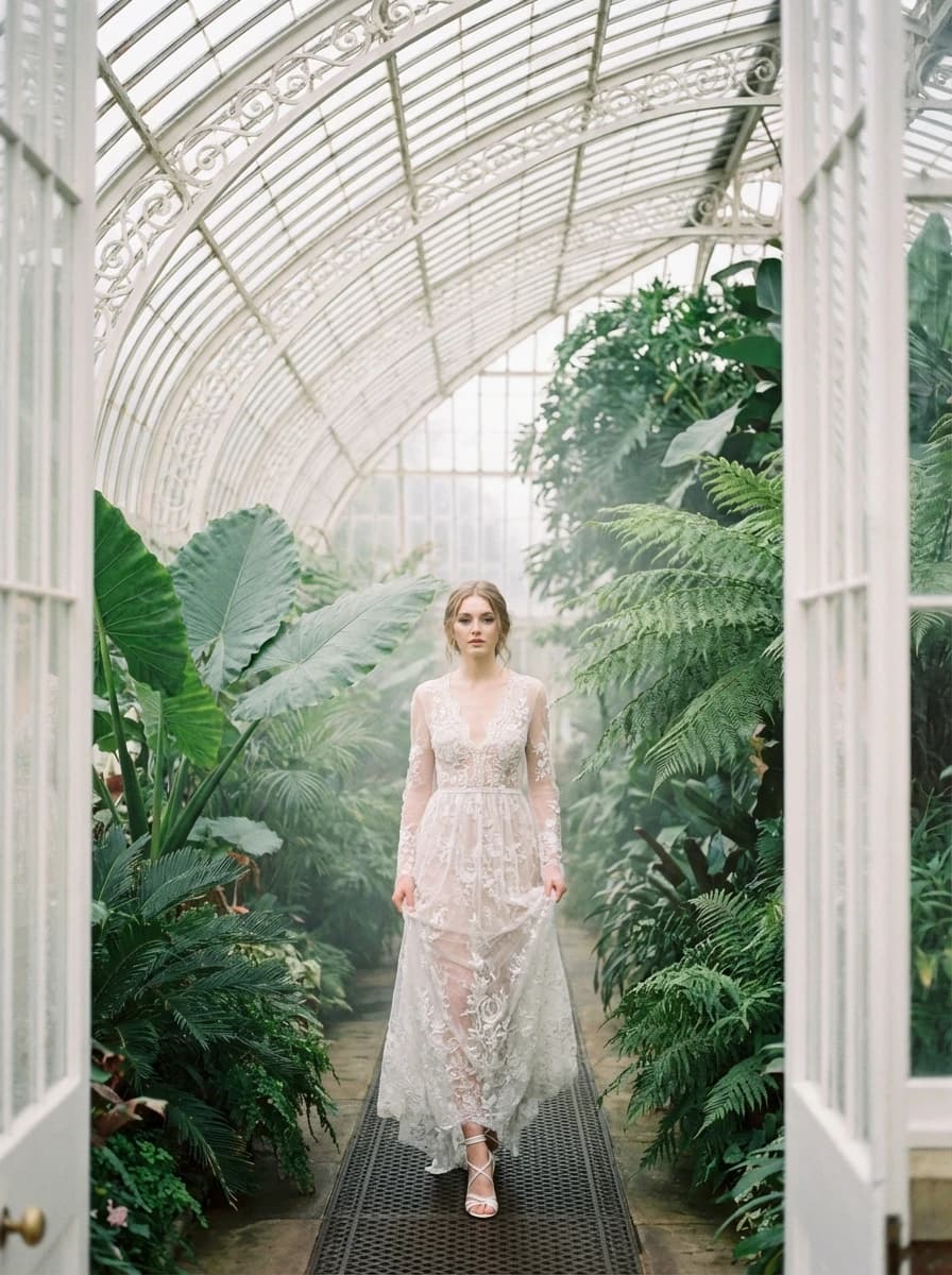 Victorian Greenhouse full of Exotic Plants fashion photography example 1