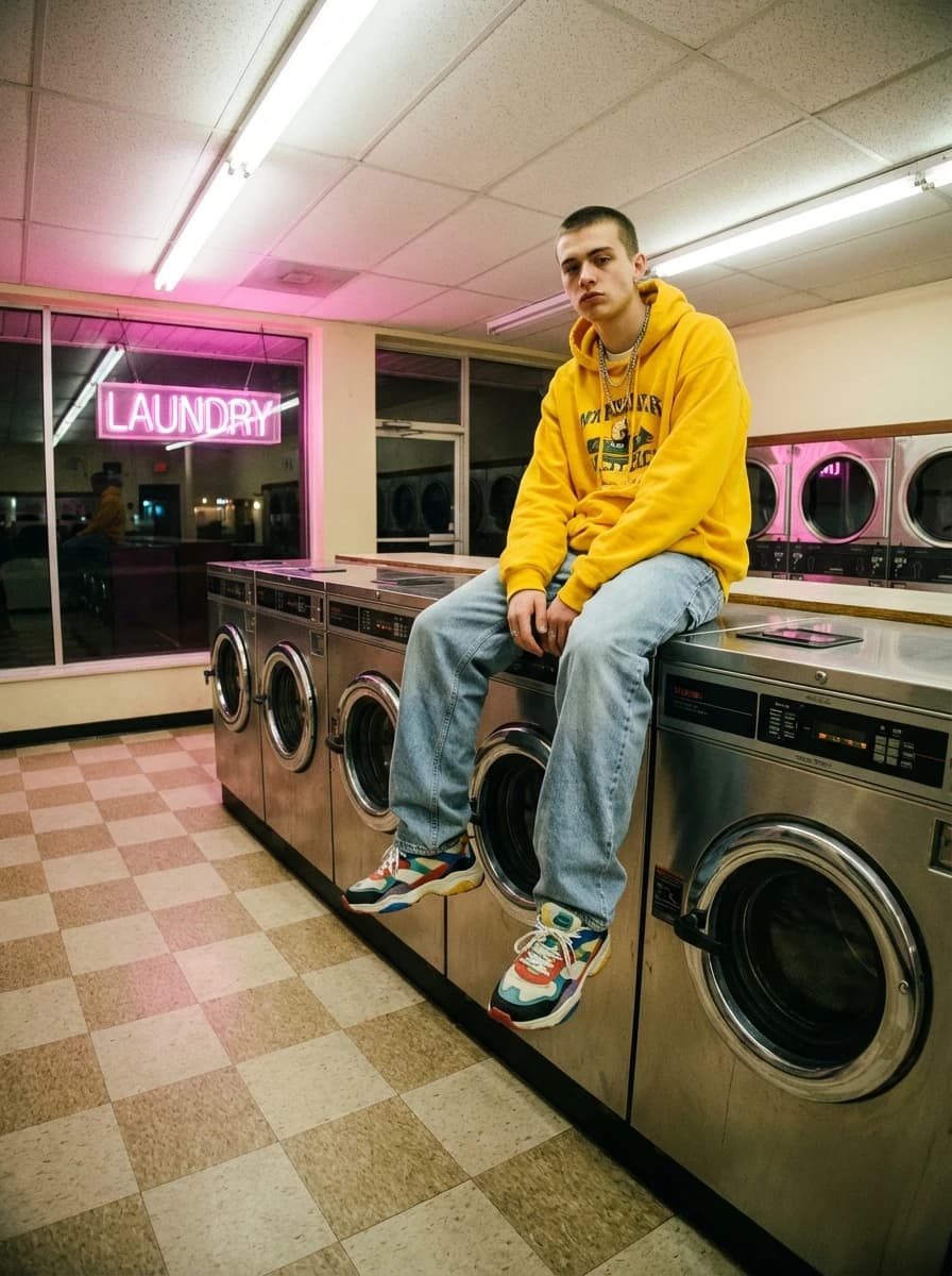 Vintage Neon Laundromat fashion photography example 1